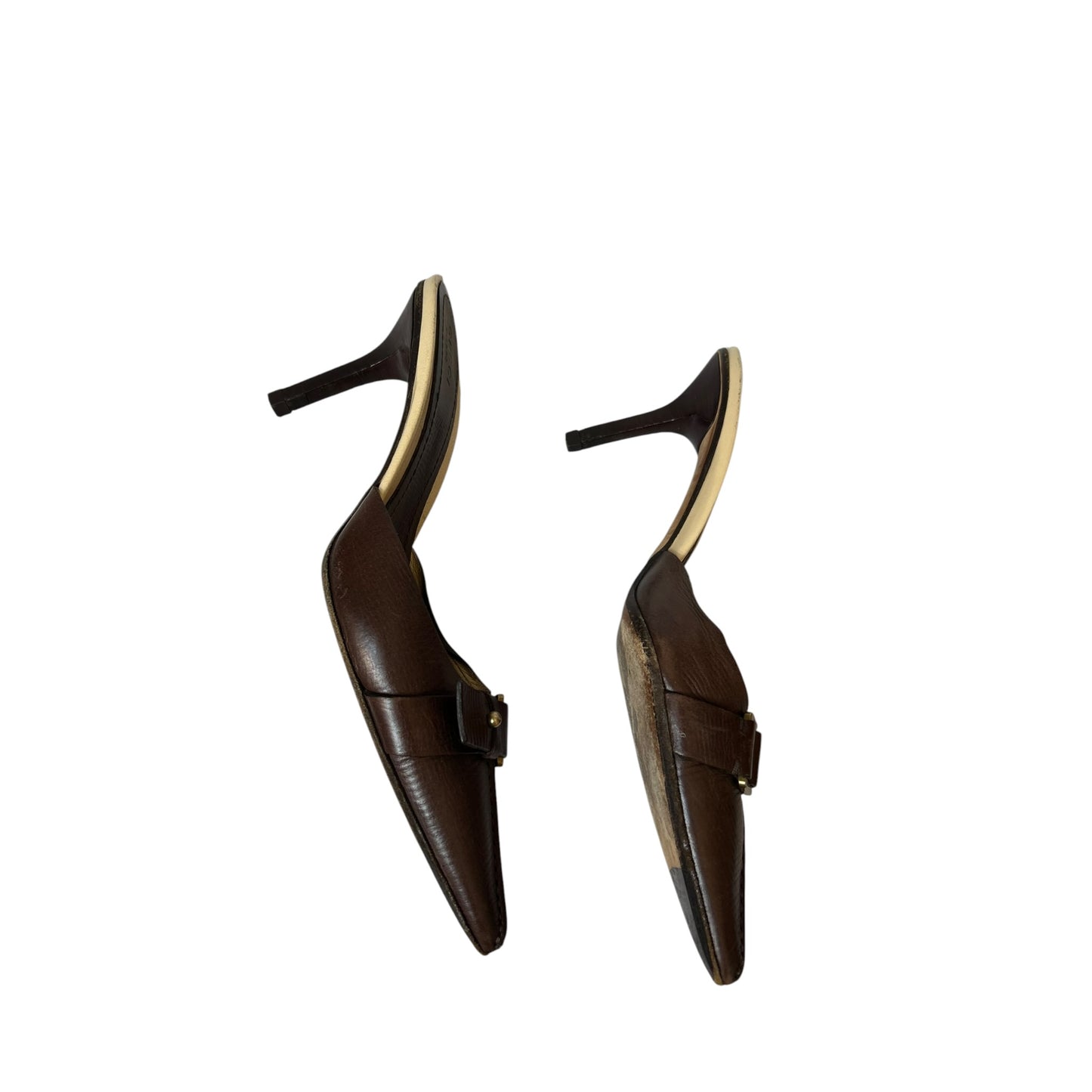 Vintage Gucci brown leather buckle mule heels / 37.5