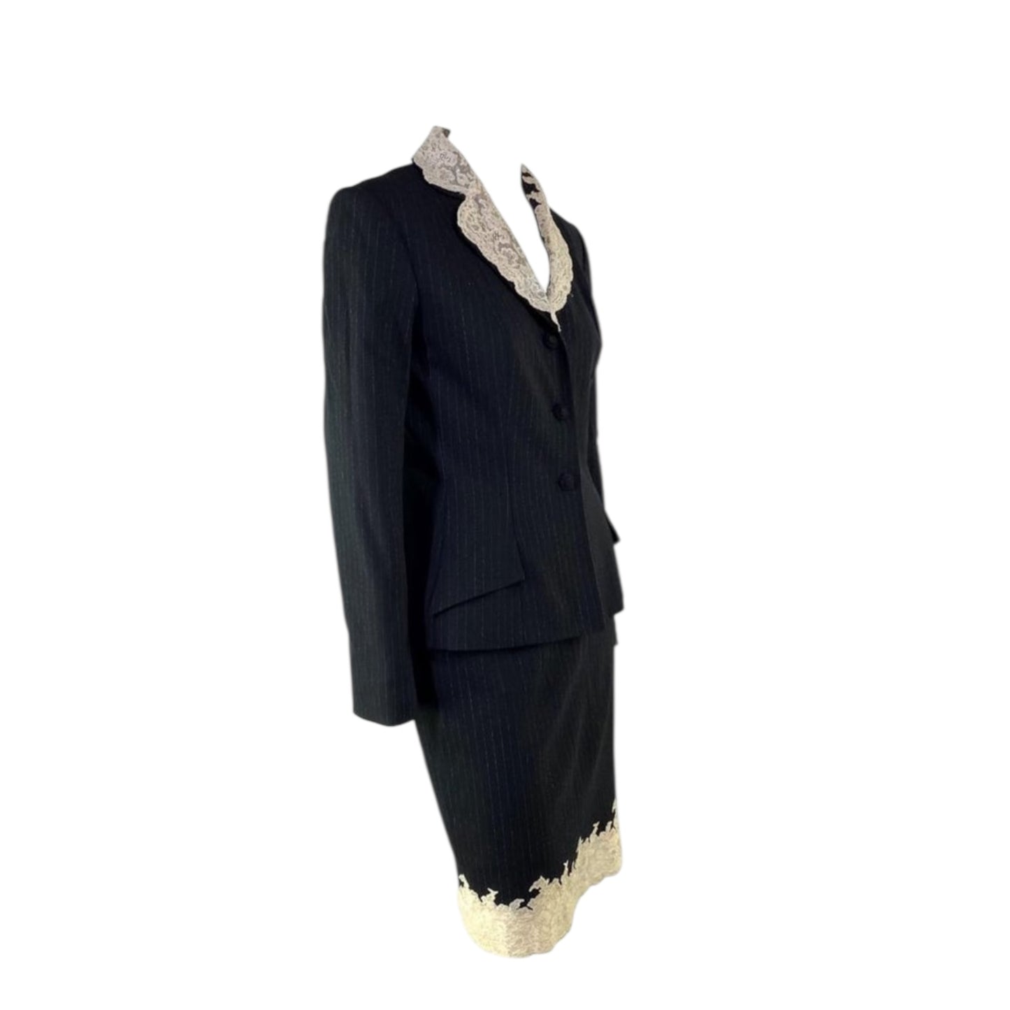Vintage Christian Dior by John Galliano iconic 1998 Autumn/Winter Haute Couture pinstripe black skirt suit with lace
