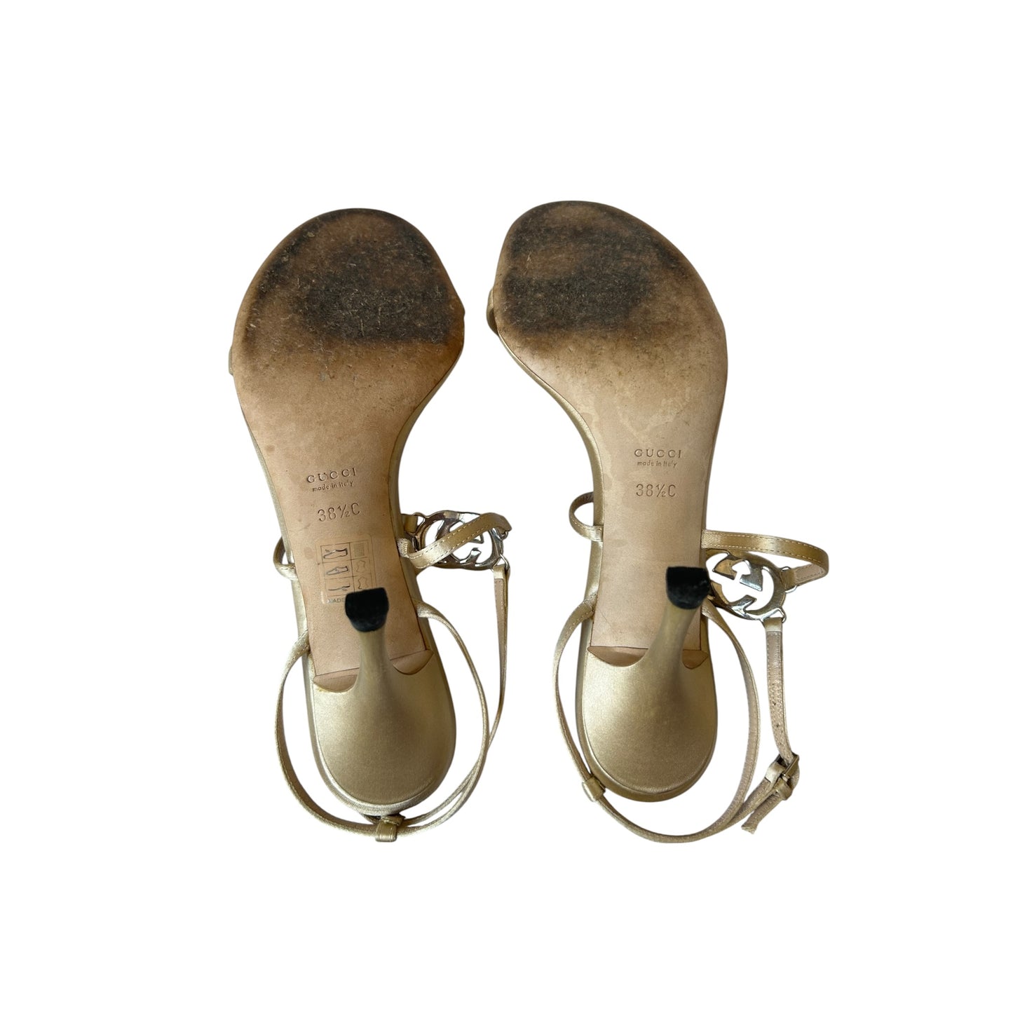Vintage Gucci cream satin GG crystal logo sandal heels / 38.5
