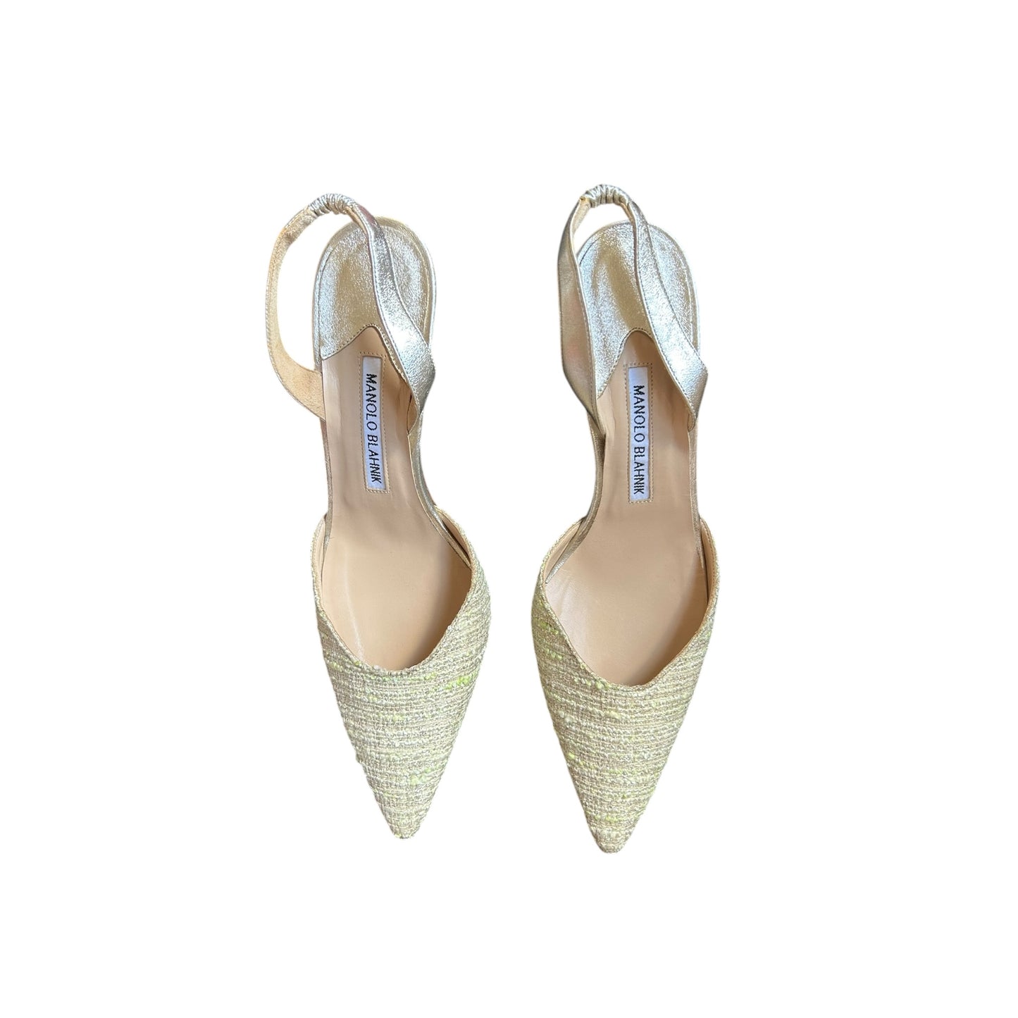 Vintage Manolo Blahnik beige silver canvas slingback heels / 38