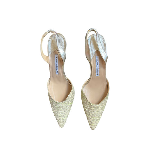 Vintage Manolo Blahnik beige silver canvas slingback heels / 38