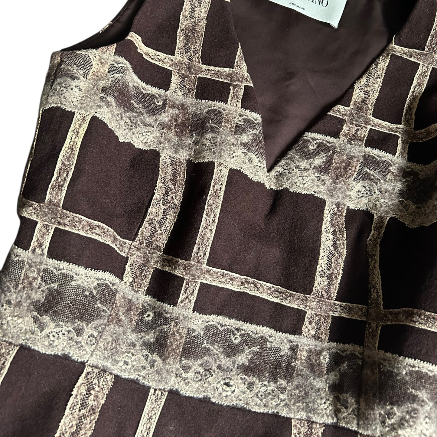 Valentino Runway 2011 Lace Grid Dress – Brown Sleeveless A-Line Designer Dress