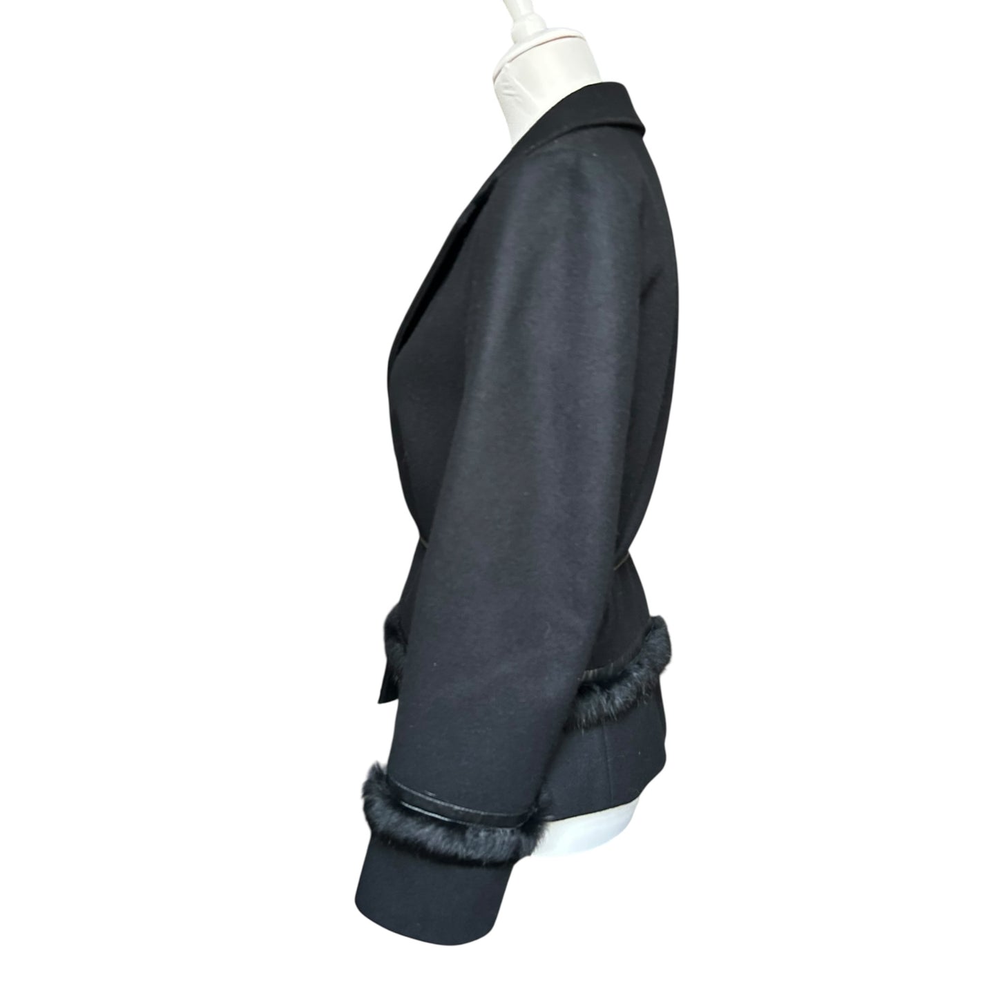 Vintage wool black fur trim belted jacket