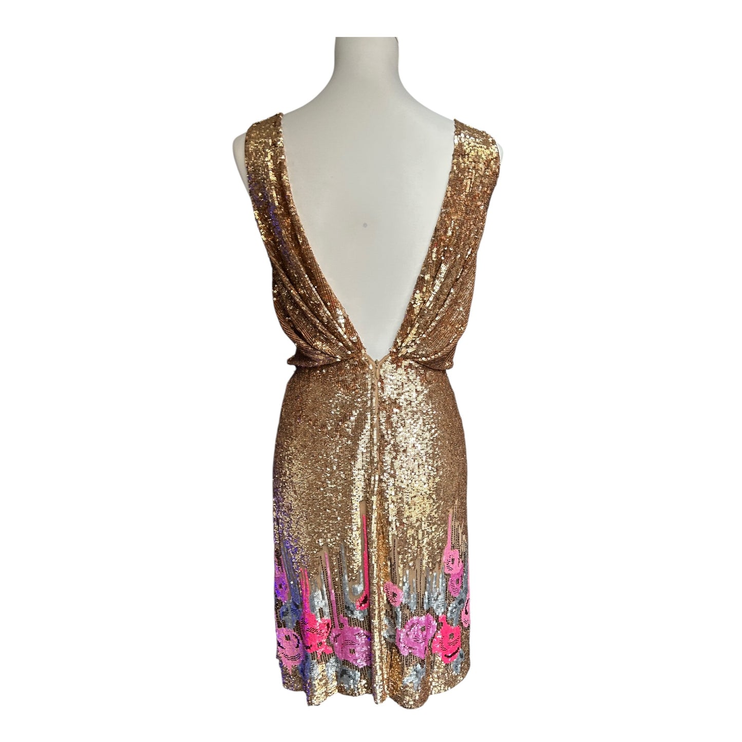Vintage Blumarine SS2000 Gold Sequin Plunge Dress with Pink Floral Hem runway