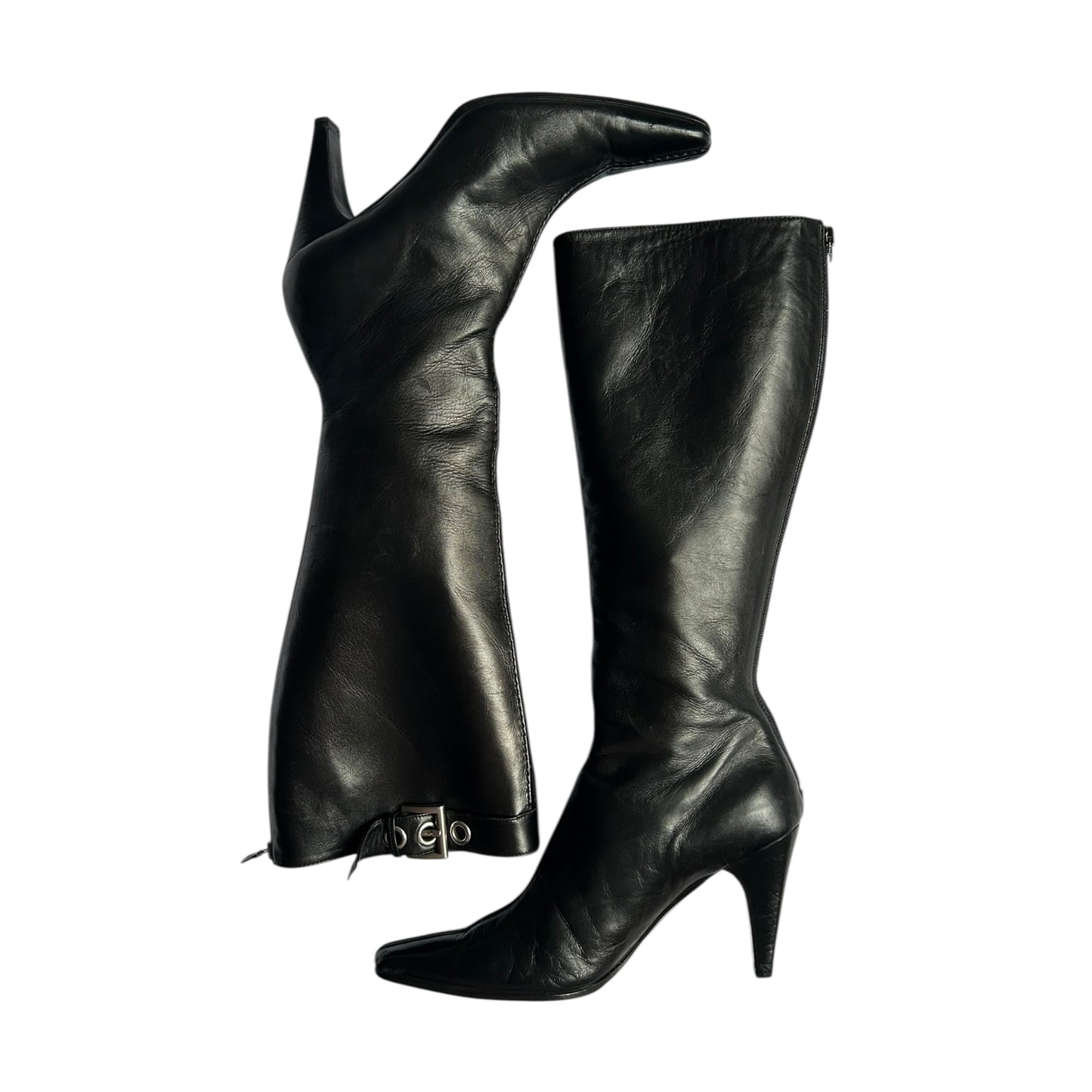 Vintage Prada buckle black leather knee high boots / 36.5