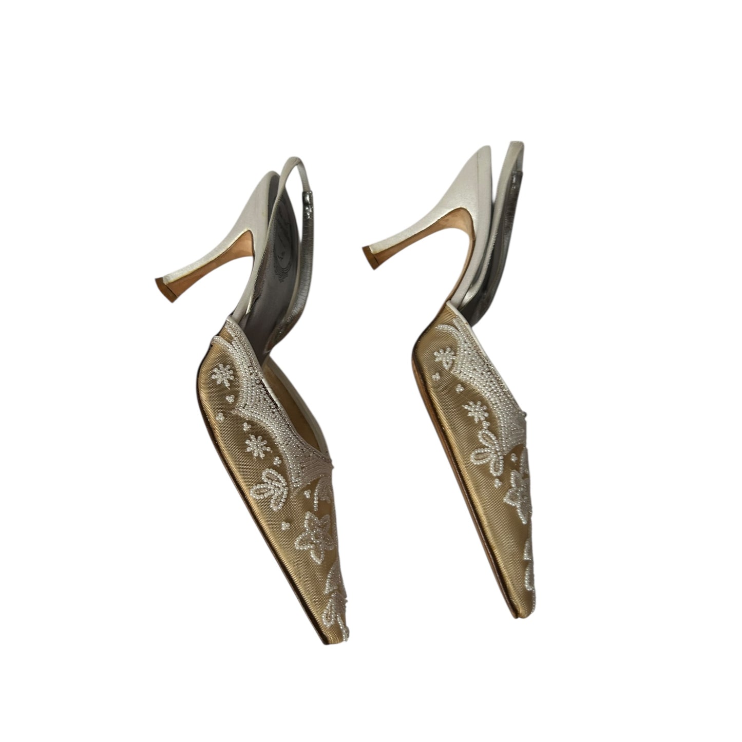 Vintage Rene Caovilla satin white & beige embedded slingback heels / 39