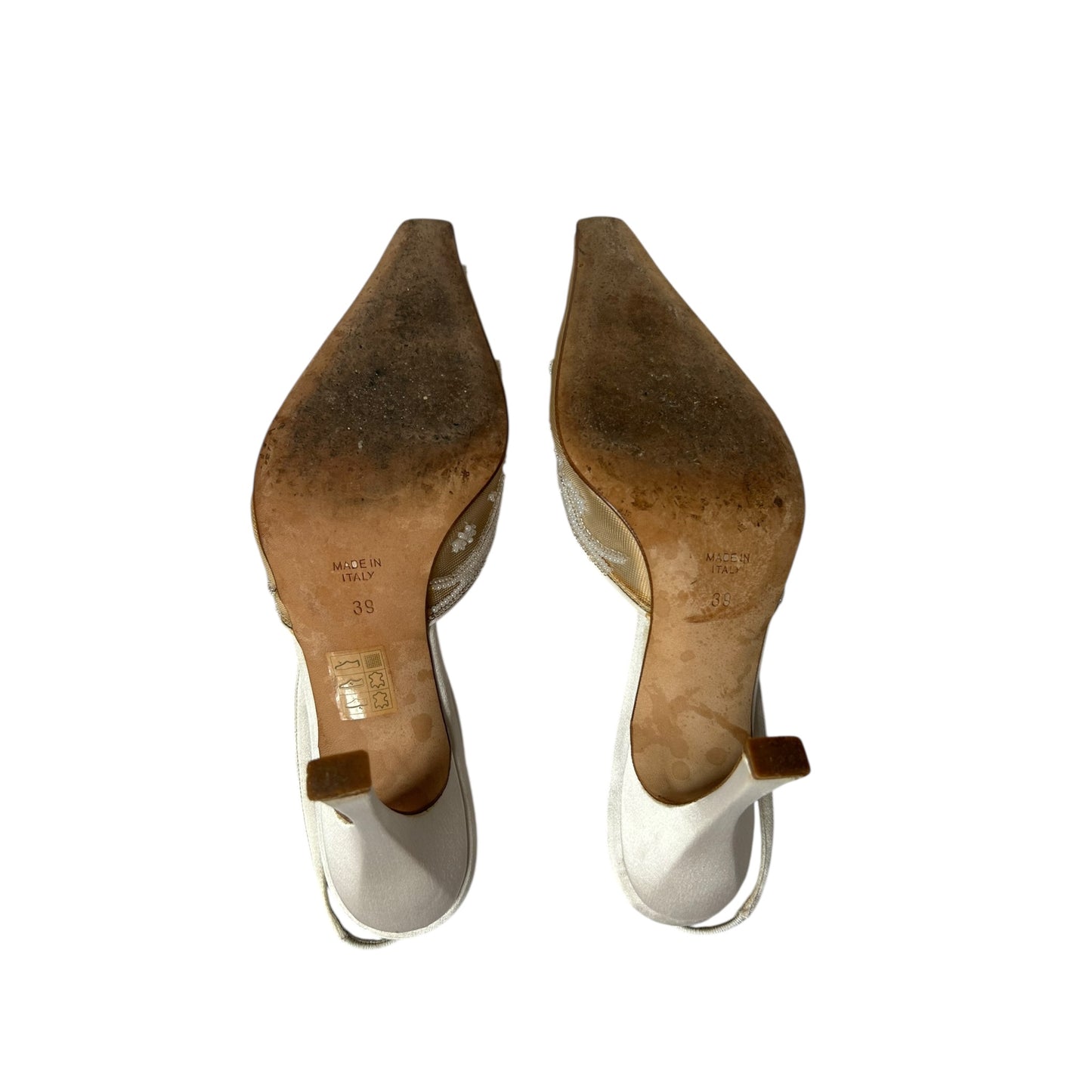 Vintage Rene Caovilla satin white & beige embedded slingback heels / 39
