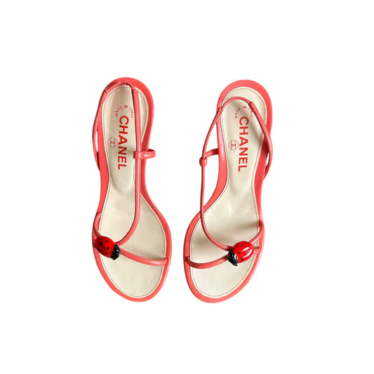 Vintage rare Chanel ladybug red sling back heels / 36.5