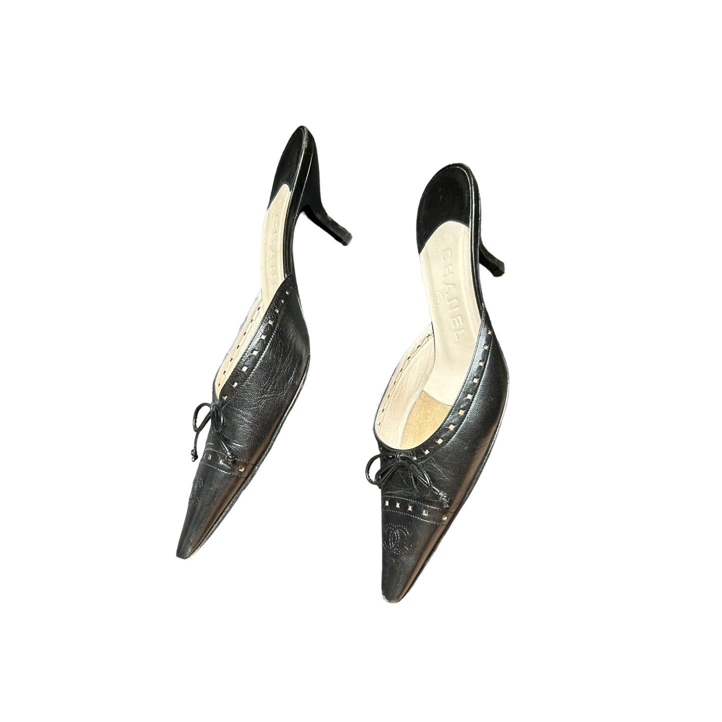 Vintage Chanel CC interlocking logo black leather mules heel by Karl Lagerfeld/ 36.5