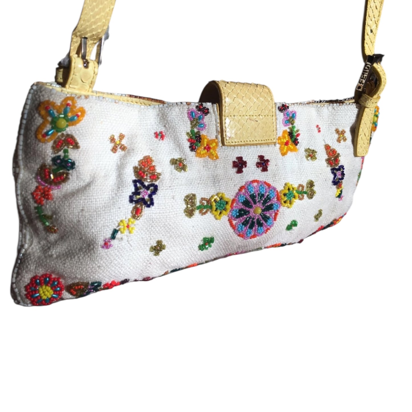 Fendi Baguette Floral Beaded Bag – Vintage Linen & Python Leather FF Logo Shoulder Bag