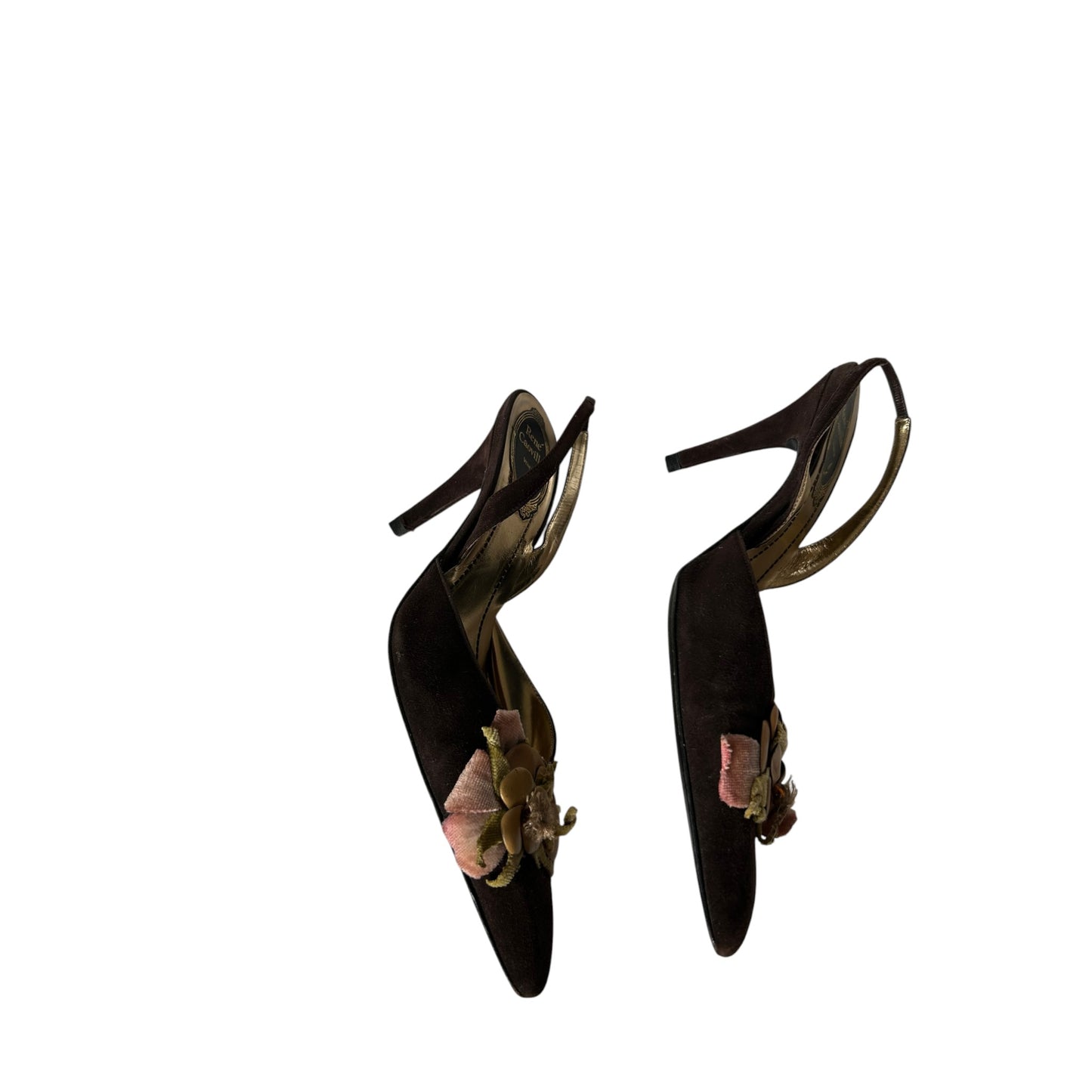 Vintage Rene Caovilla brown suede floral details slingback heels / 37.5