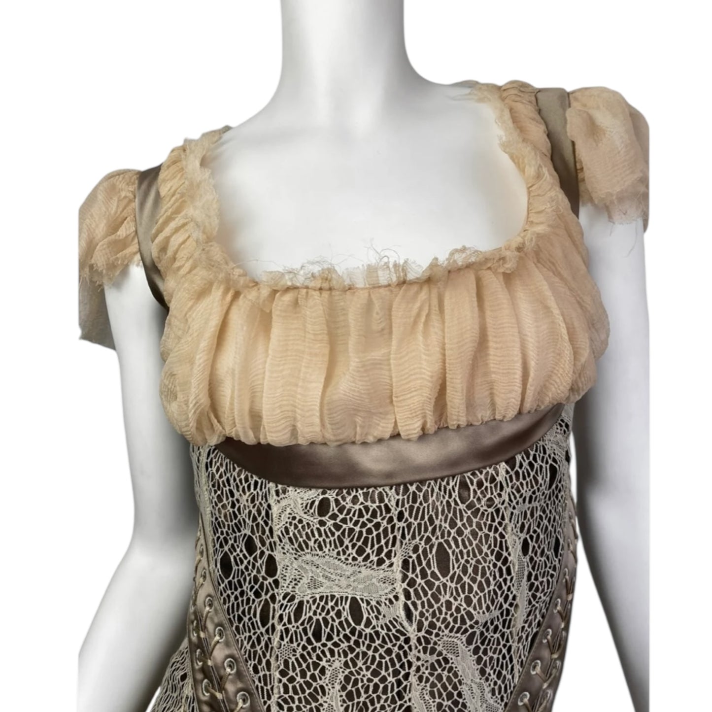 Vintage Alexander Mcqueen Fw2002 «Supercalifragilist Icexpialidocious» Beige Lace & Silk Bondage Corset Midi Dress