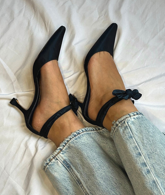 Vintage Manolo Blahnik satin navy bow tie heels / 37.5