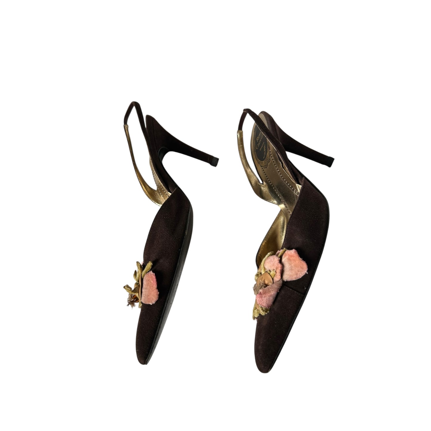 Vintage Rene Caovilla brown suede floral details slingback heels / 37.5