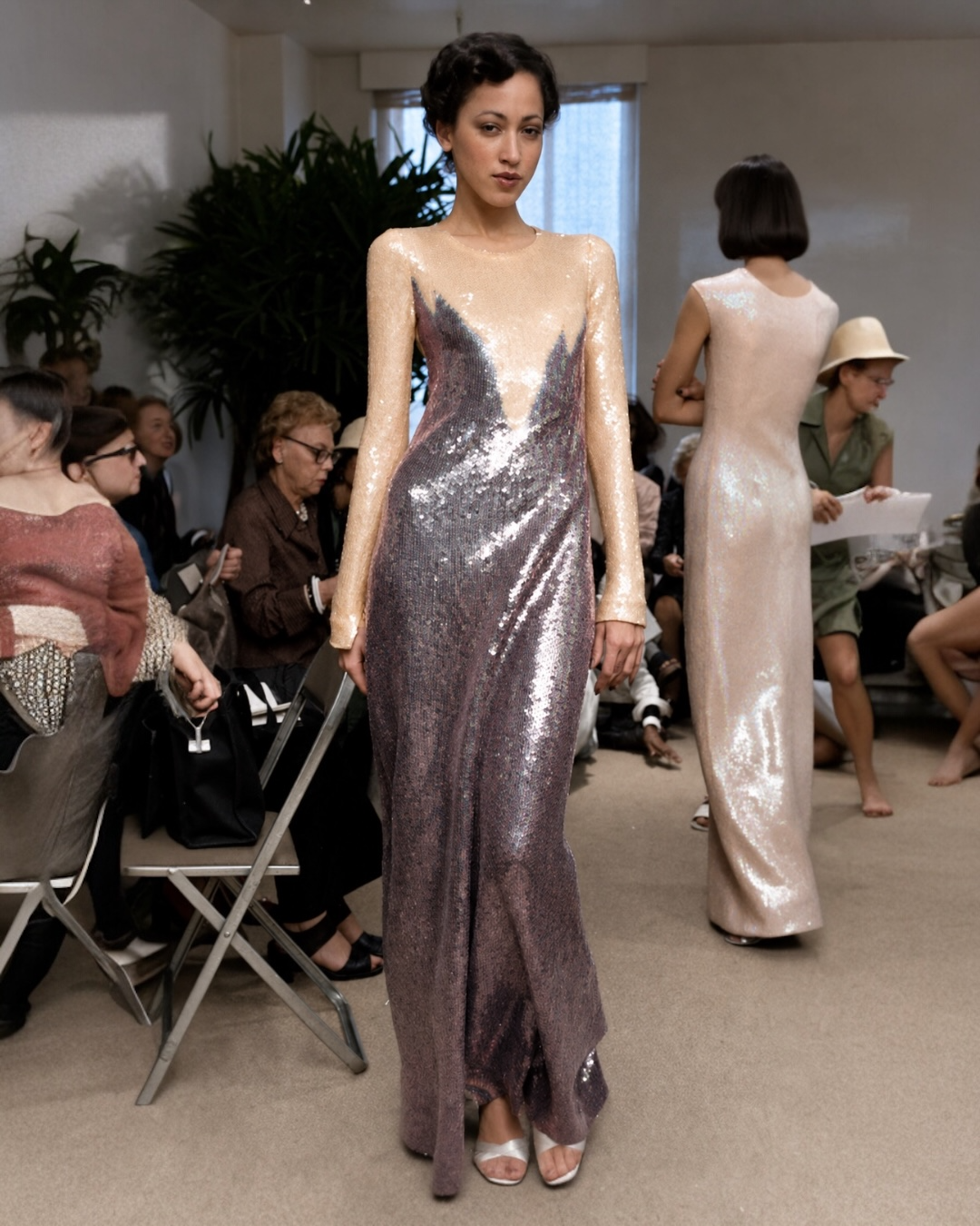 Vintage Halston Embellished Sequin Oil Slick Dress
i’m Fall 1973 Runway Collection, seen on the iconic Pat Cleveland