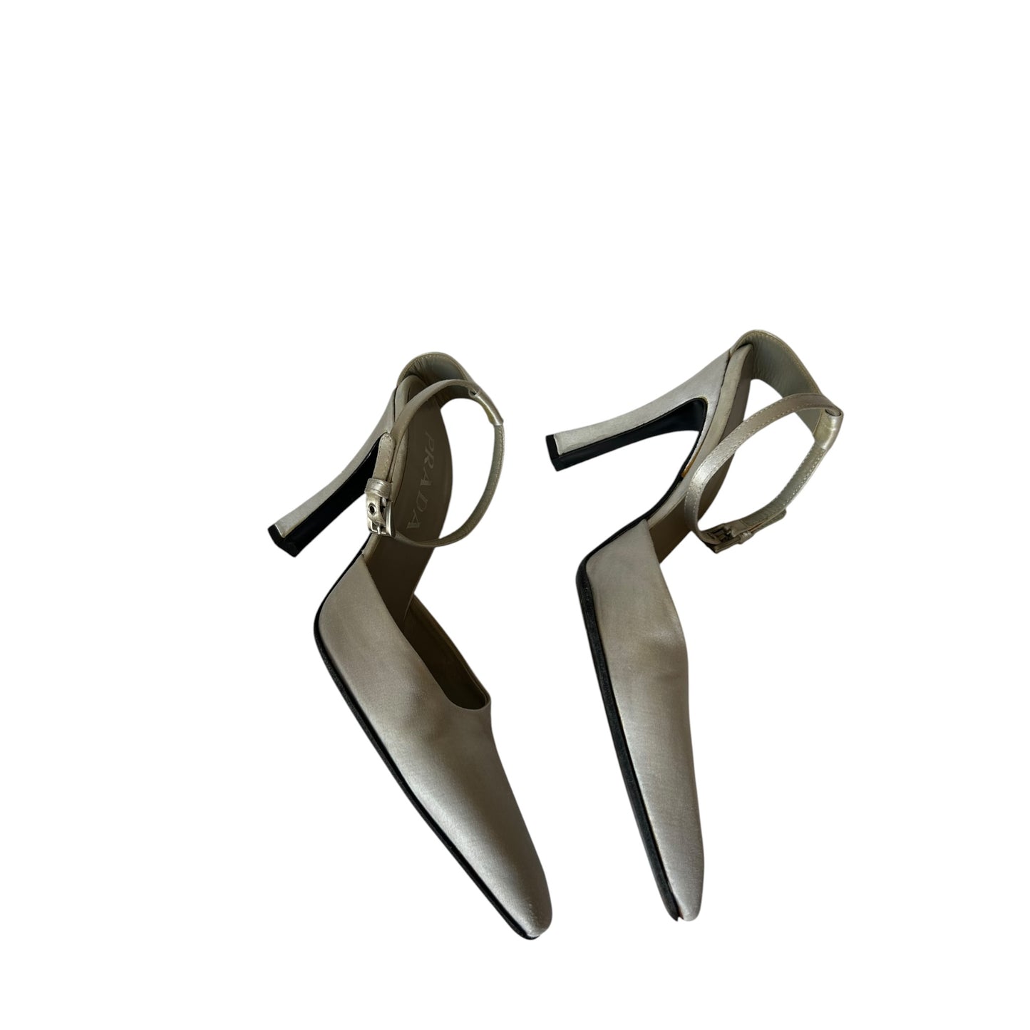 Vintage Prada silver satin heels / 38.5