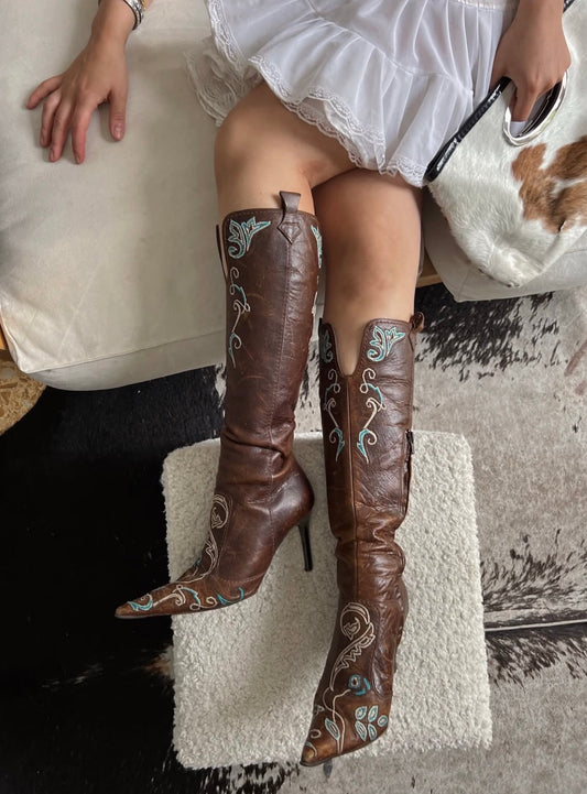 Vintage rare Cavalli cowboy floral embroidered brown leather knee boots / 37