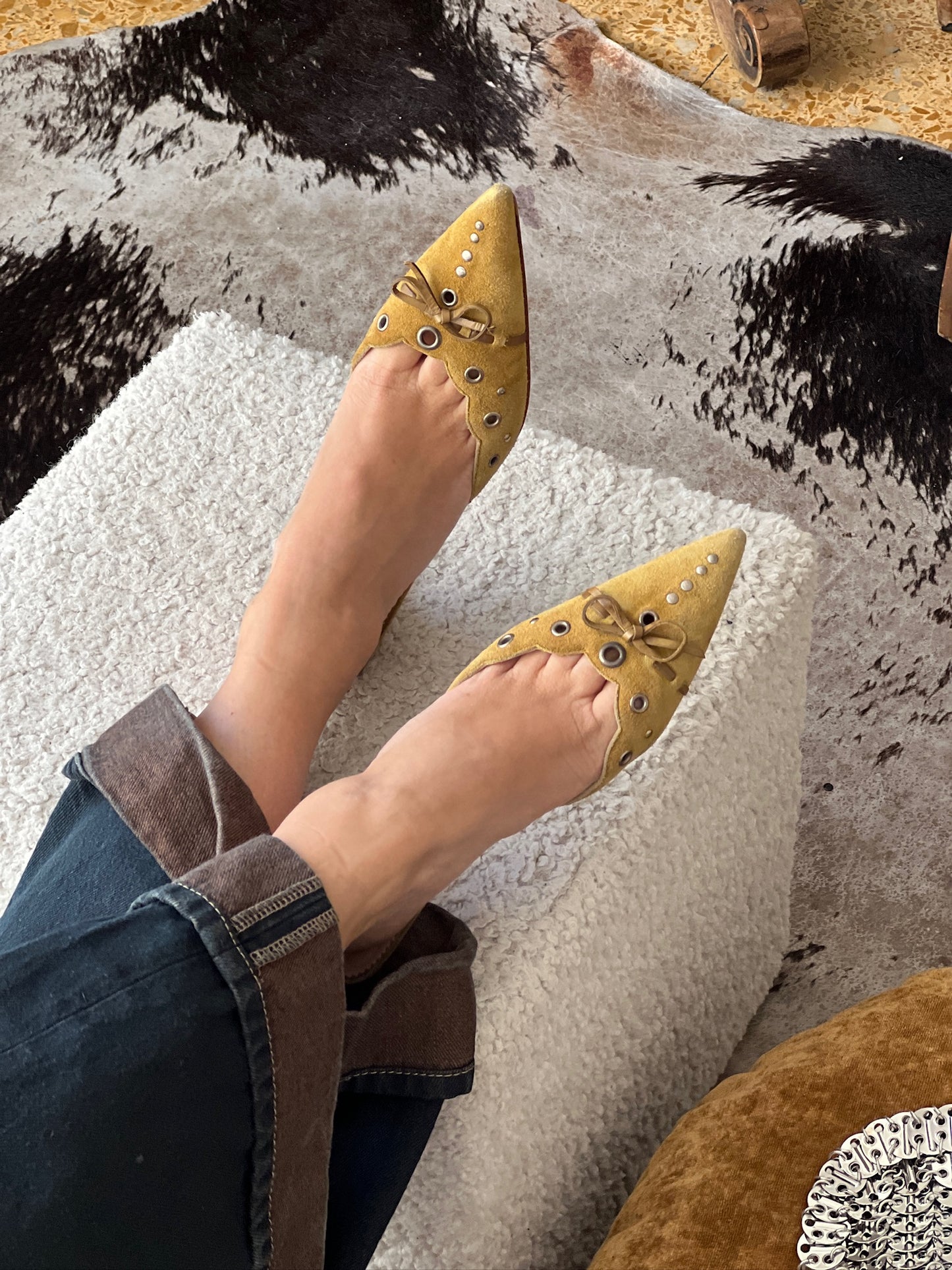 Vintage Prada lime eyelet mule heels / 39