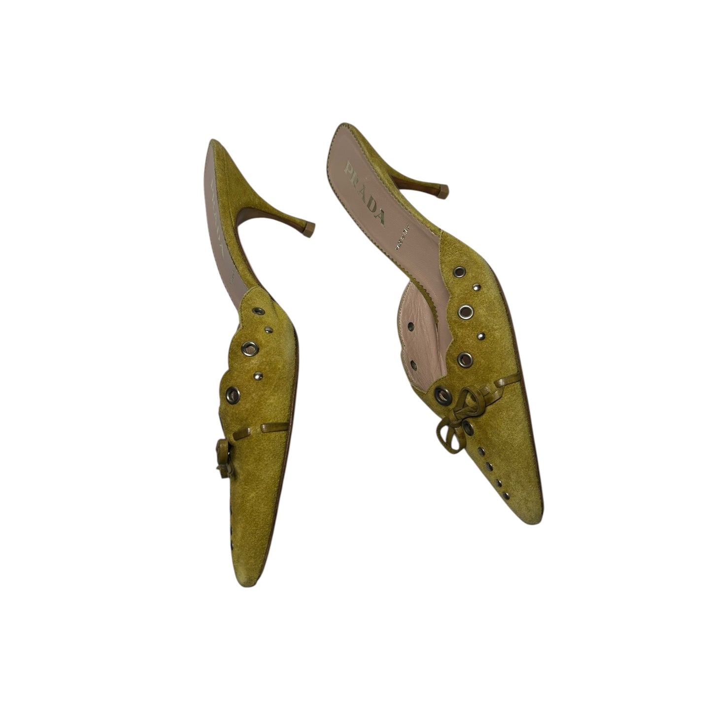 Vintage Prada lime eyelet mule heels / 39