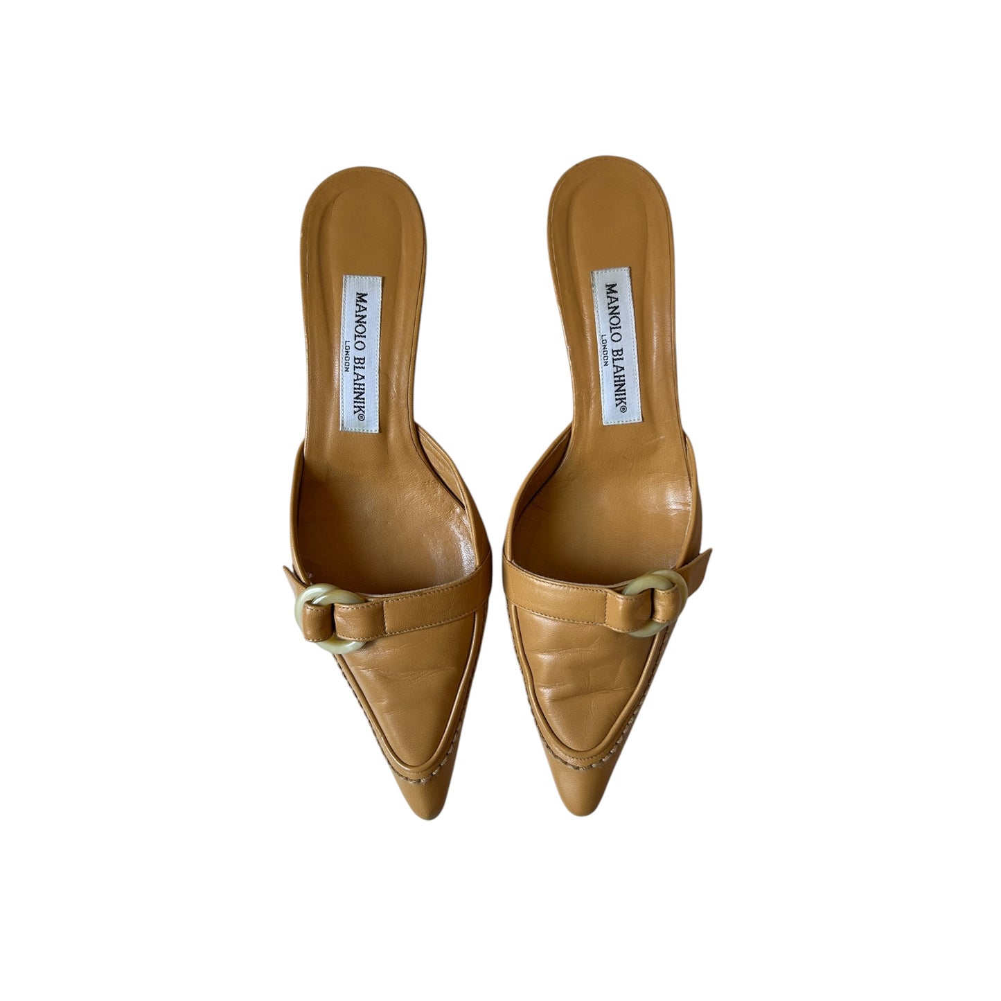 Vintage Manolo Blahnik tan buckle mule heels / 37.5