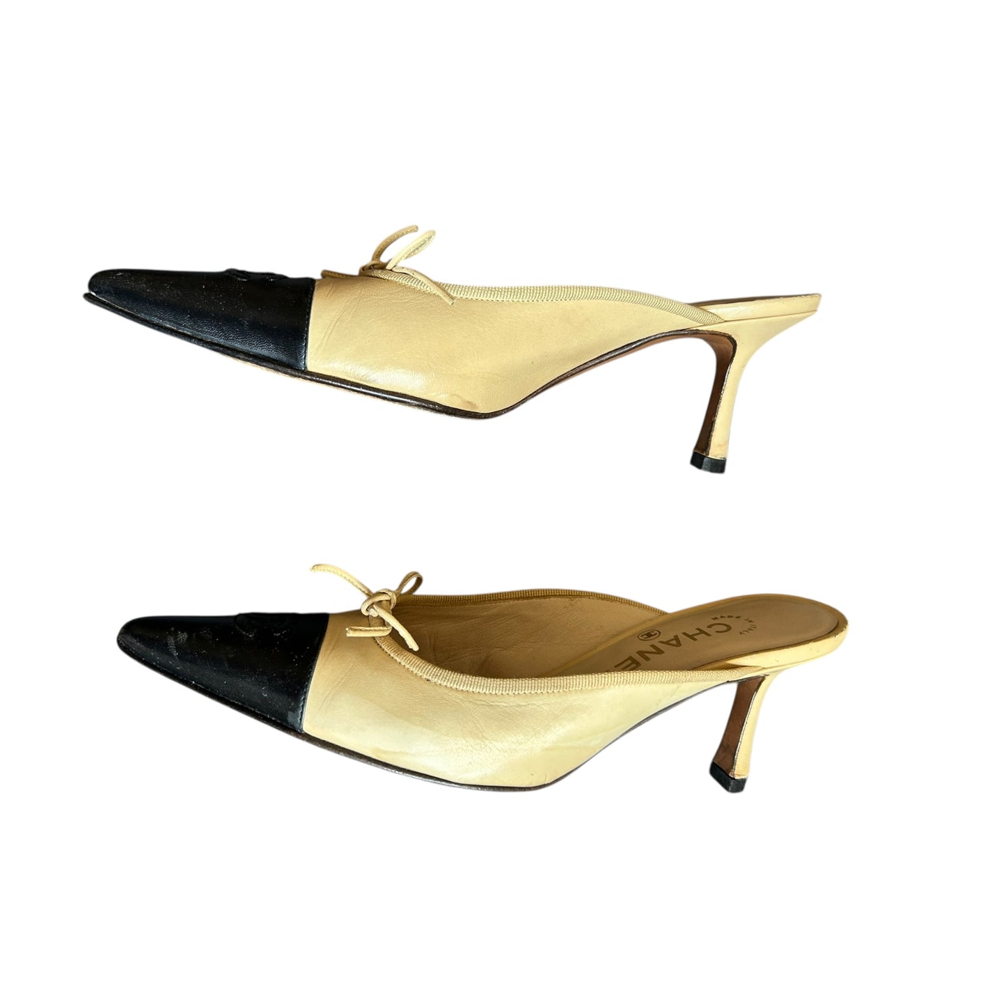Vintage Chanel two tone CC logo mule heels by Karl Lagerfeld/ 37.5
