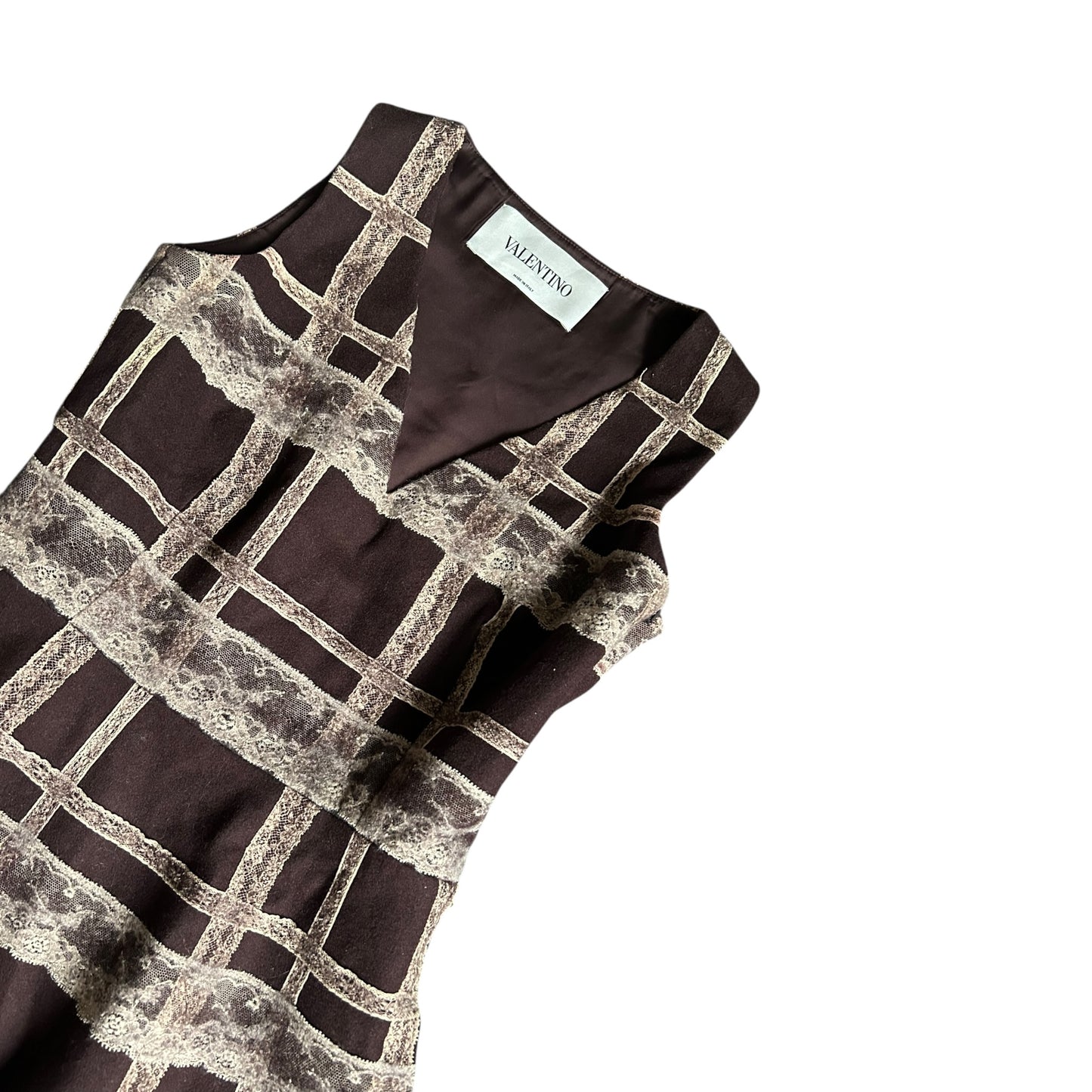 Valentino Runway 2011 Lace Grid Dress – Brown Sleeveless A-Line Designer Dress