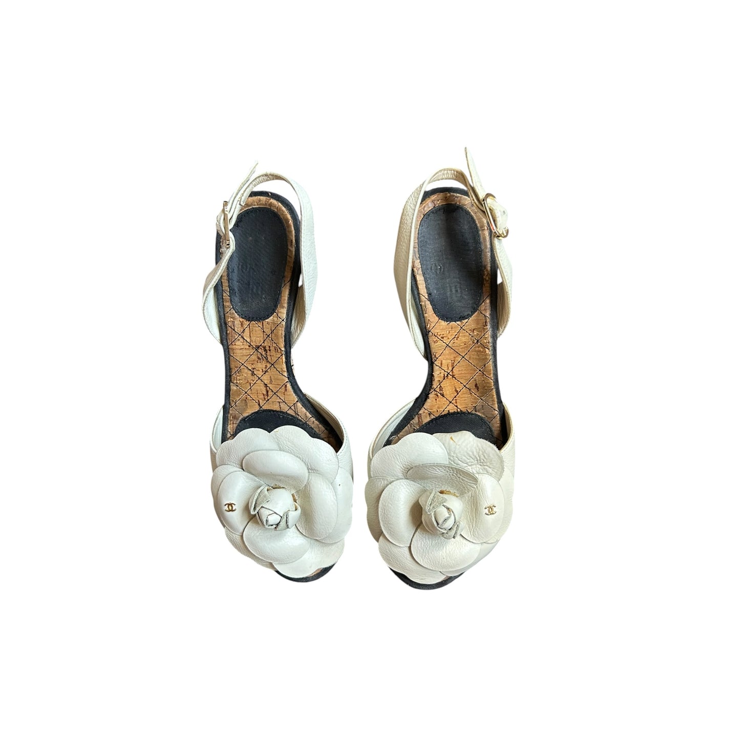 Vintage Chanel white camellia floral wedges by Karl Lagerfeld/ 36