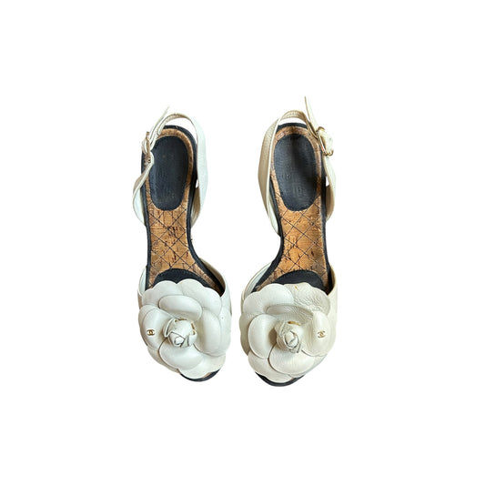 Vintage Chanel white camellia floral wedges by Karl Lagerfeld/ 36
