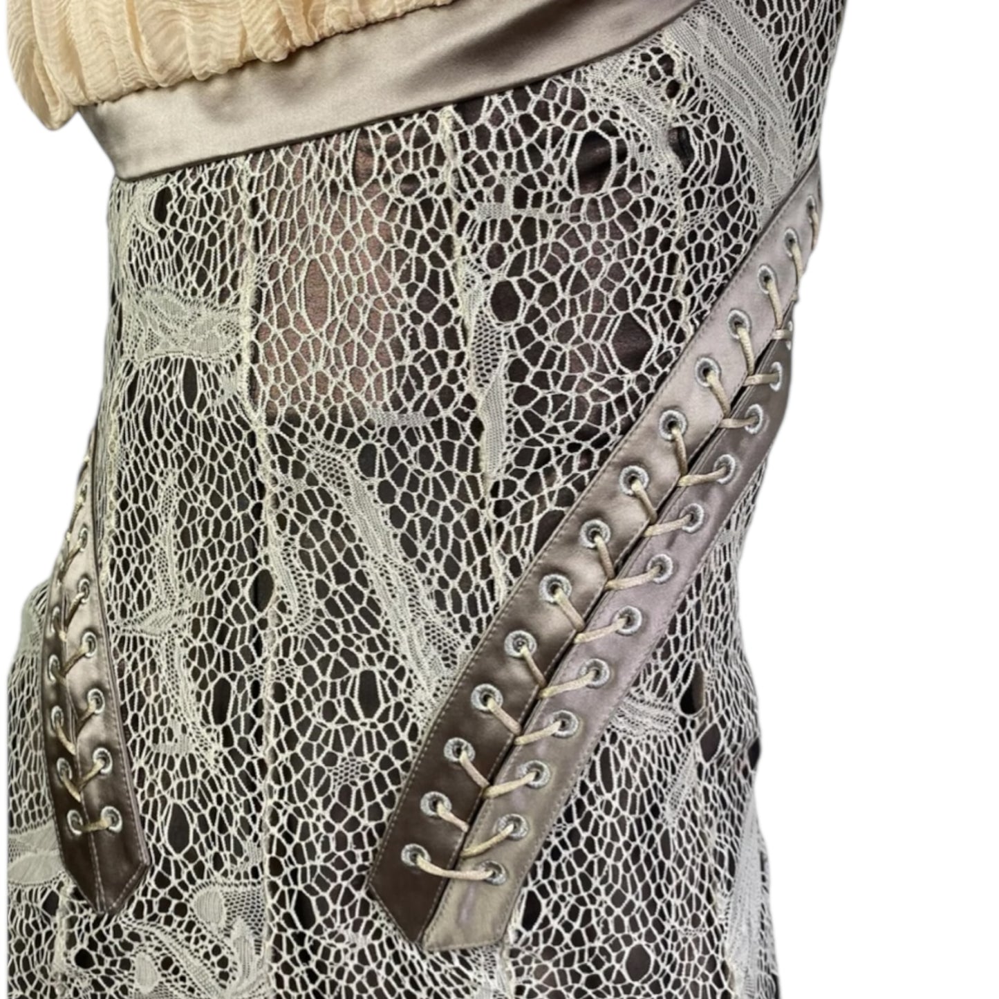 Vintage Alexander Mcqueen Fw2002 «Supercalifragilist Icexpialidocious» Beige Lace & Silk Bondage Corset Midi Dress