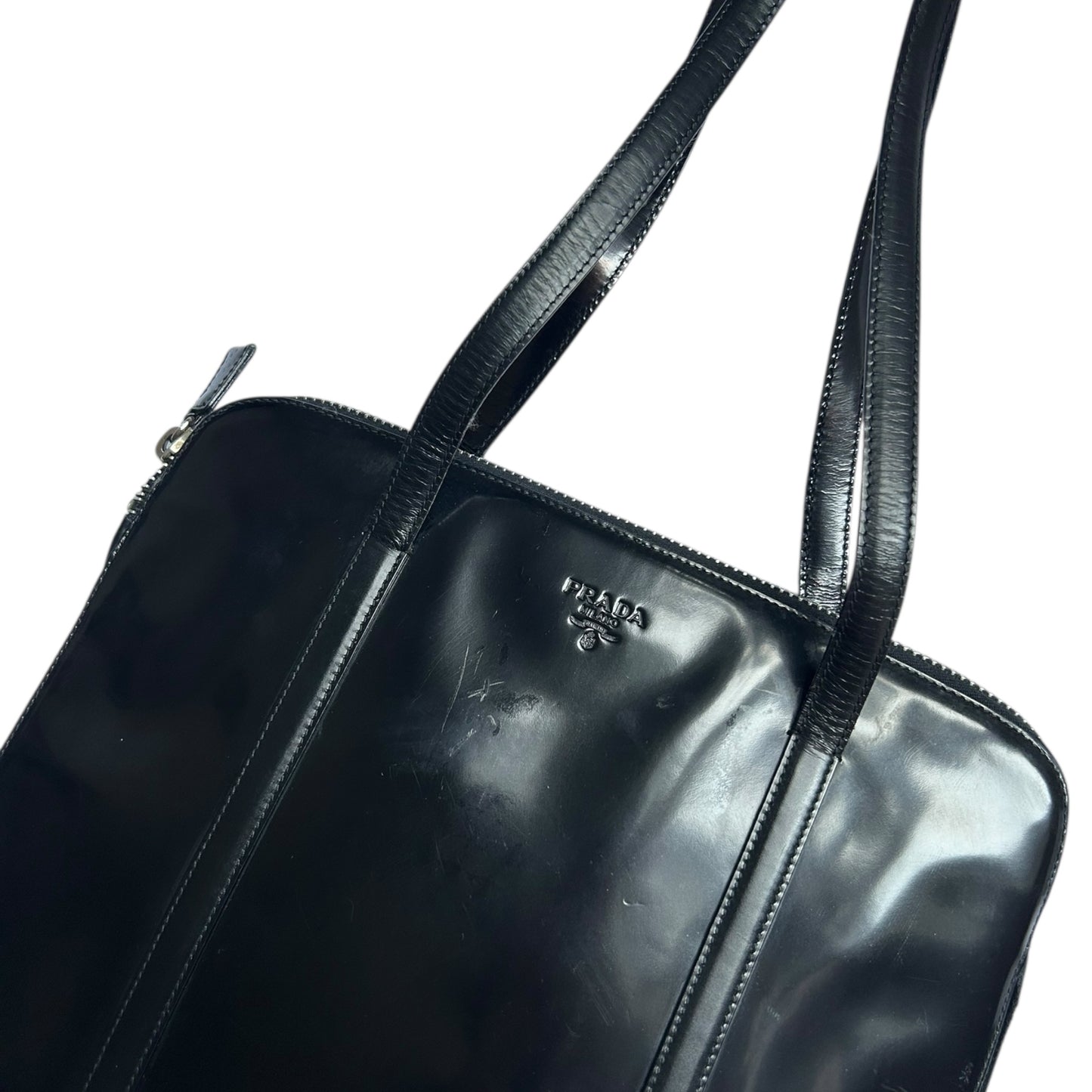 Vintage Prada Spazzolato tote black leather bag as seen on Carolyn Bessette Kennedy