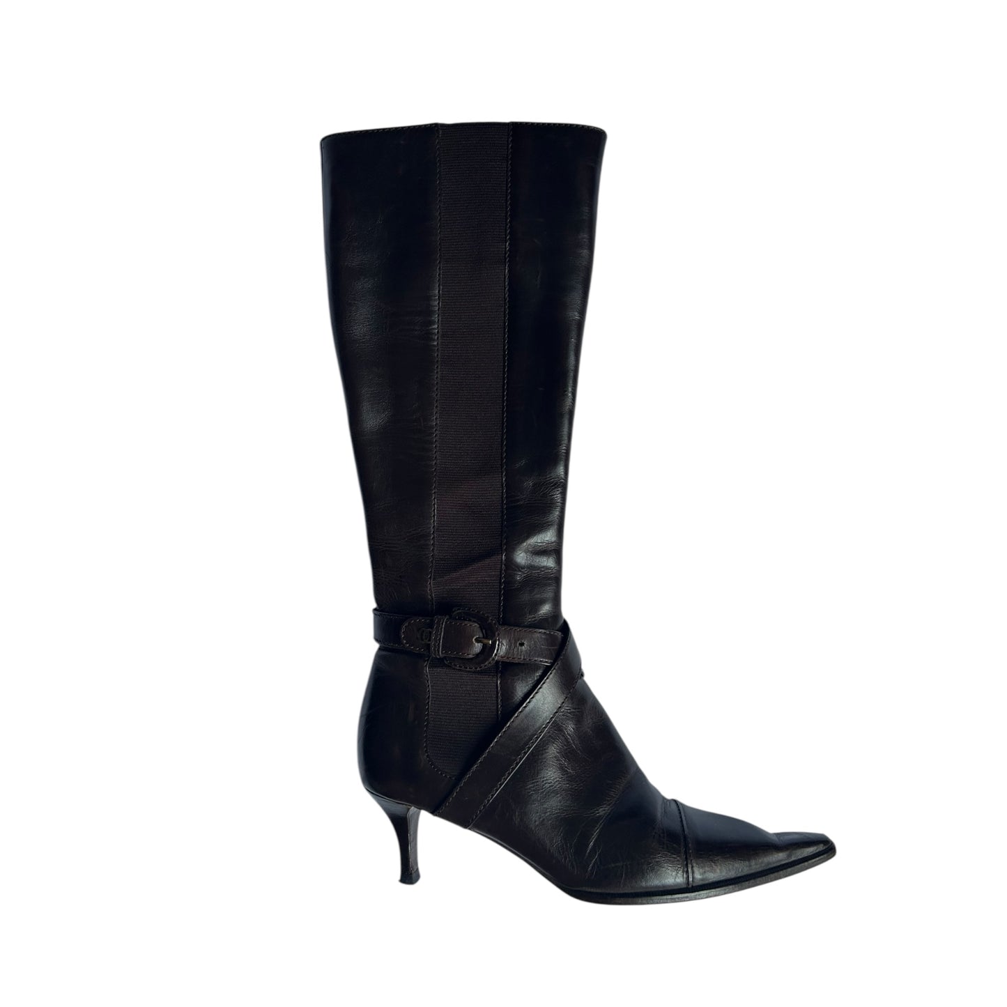 Vintage rare Chanel CC interlocking logo knee high brown leather pointy toe boots / 36.5