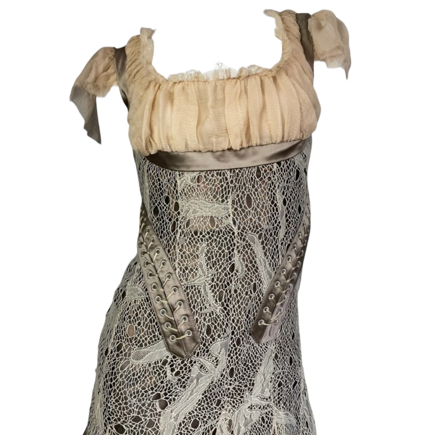 Vintage Alexander Mcqueen Fw2002 «Supercalifragilist Icexpialidocious» Beige Lace & Silk Bondage Corset Midi Dress