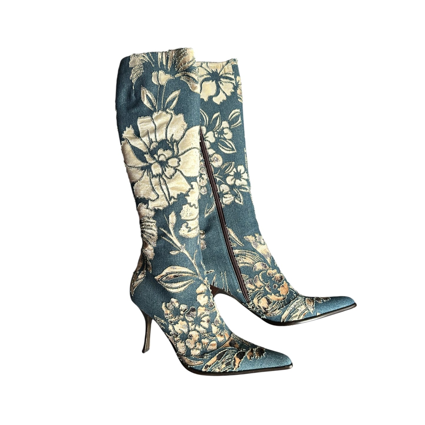 Vintage Roberto Cavalli S/ S 2002 Floral Laser-Cut Denim Leopard Boots 41