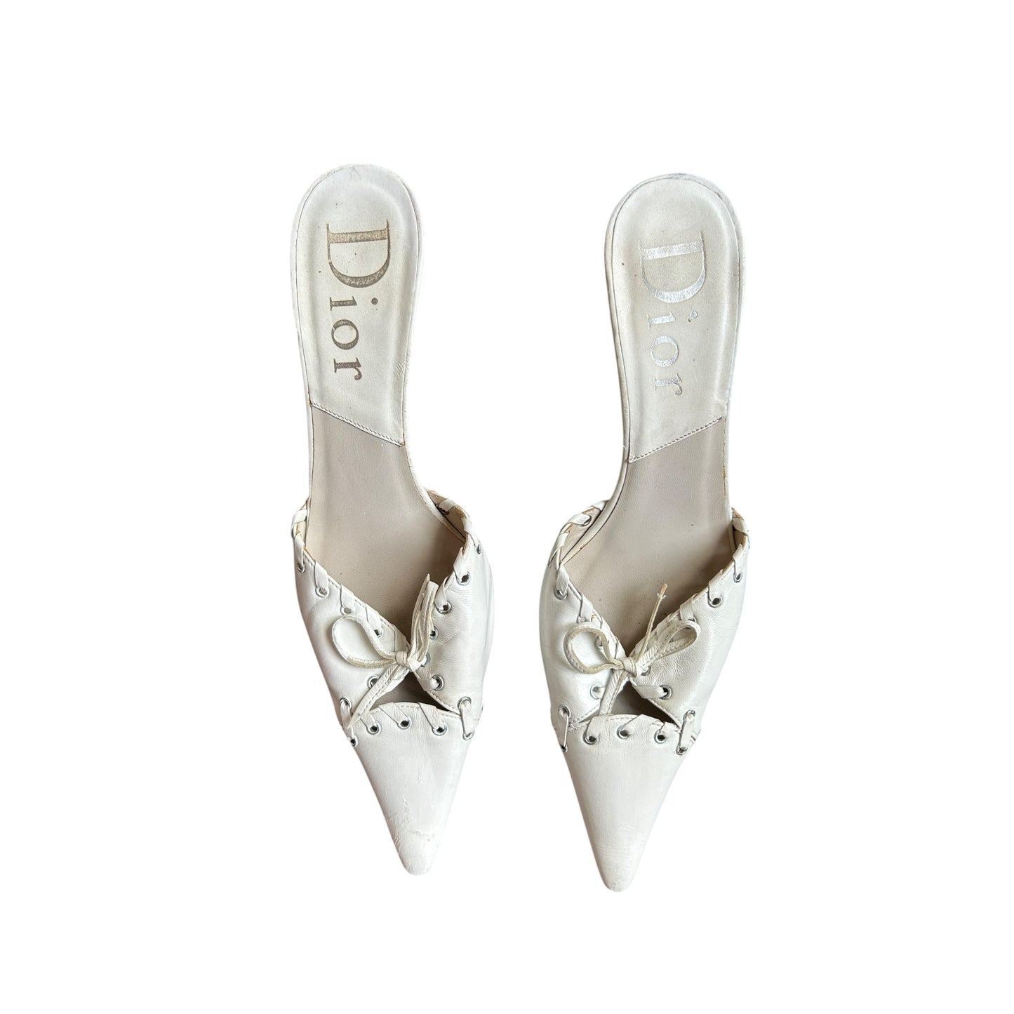 Vintage Dior 2003 Whipstitch Trim Mules "Bondage" collection designed by John Galliano white leather mule heels / 38