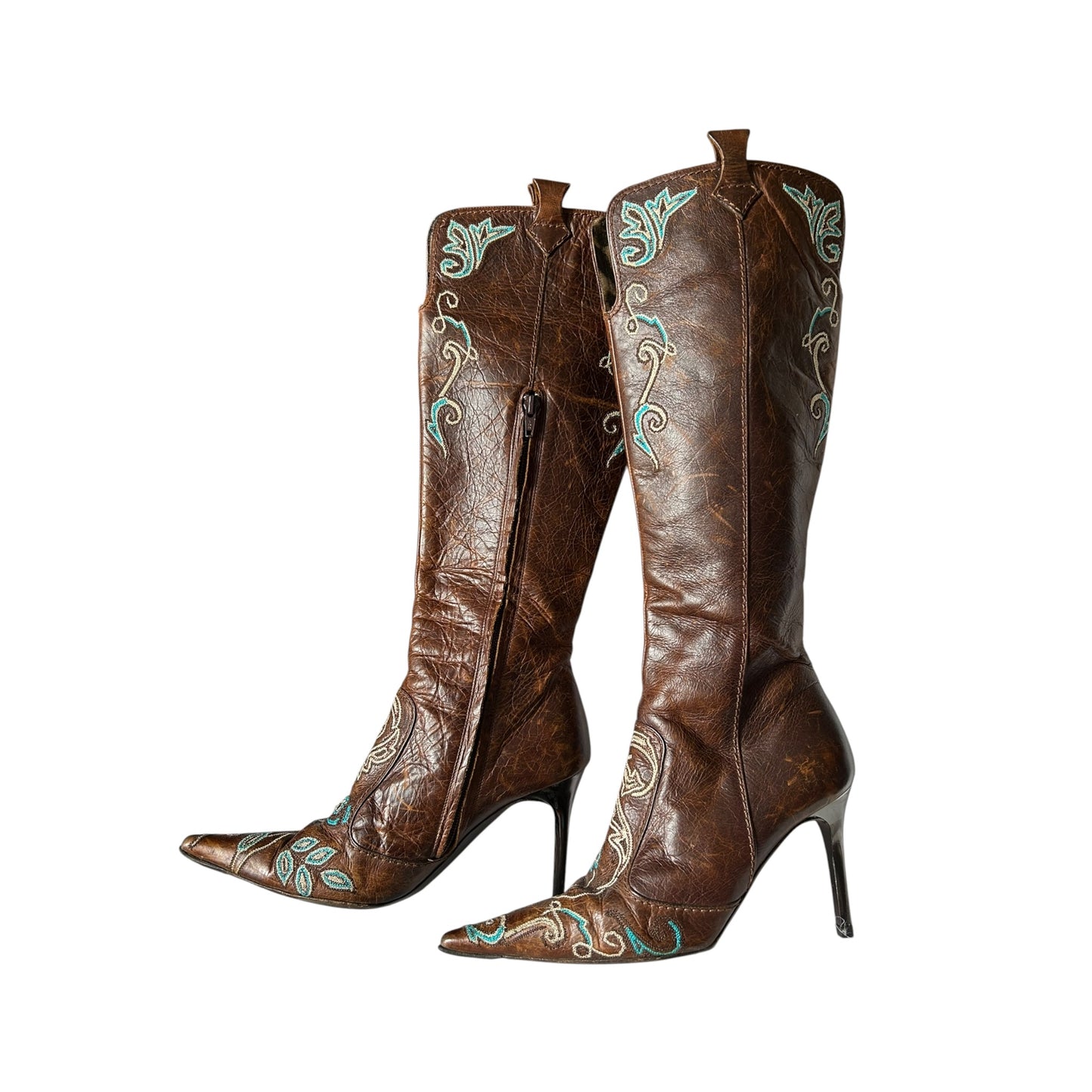 Vintage rare Cavalli cowboy floral embroidered brown leather knee boots / 37