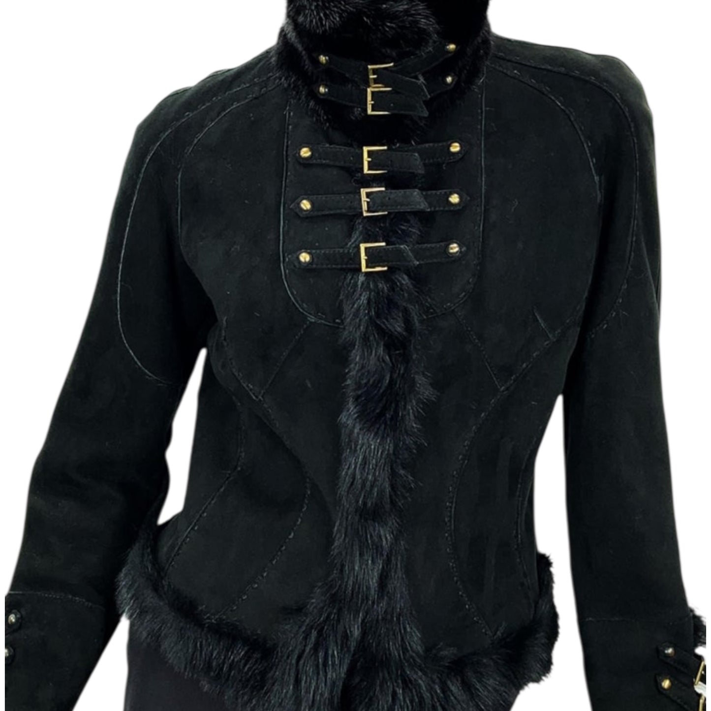 Vintage Roberto Cavalli FW 2004 black suede and mink shearling jacket coat