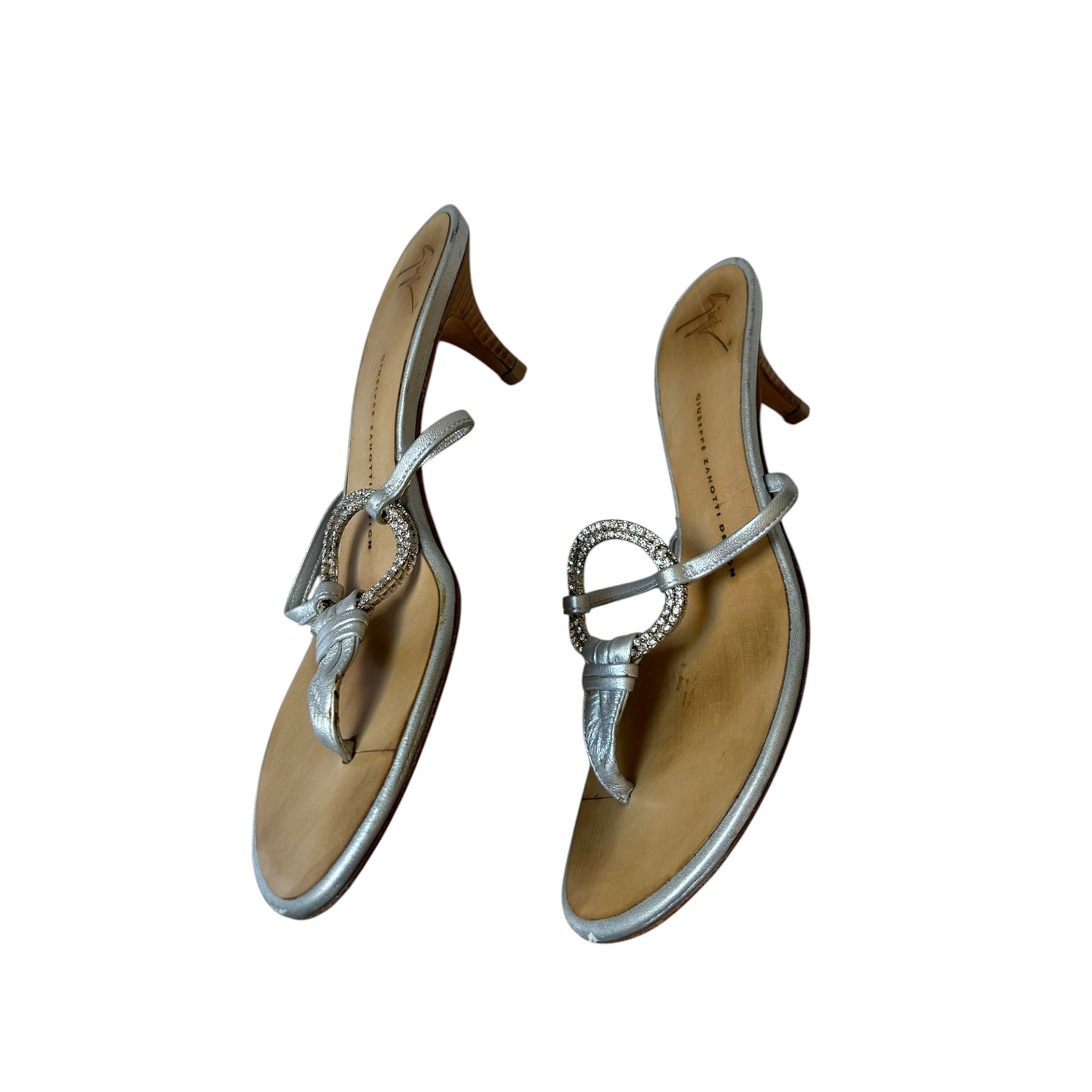 Vintage Guiseppe Zanotti silver crystal kitten heel thong / 39