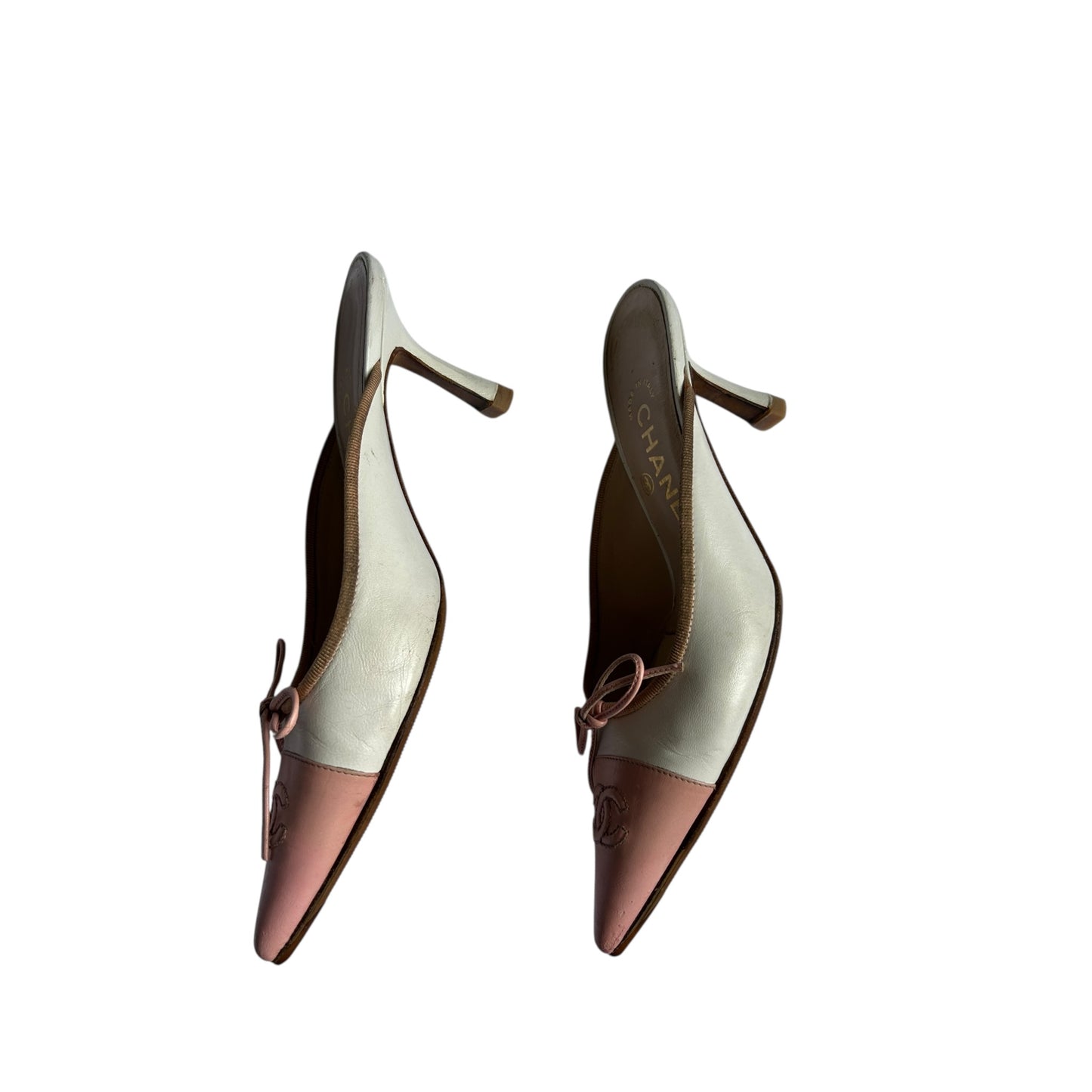 Vintage Chanel CC interlocking logo pink white mules by Karl Lagerfeld/ 35