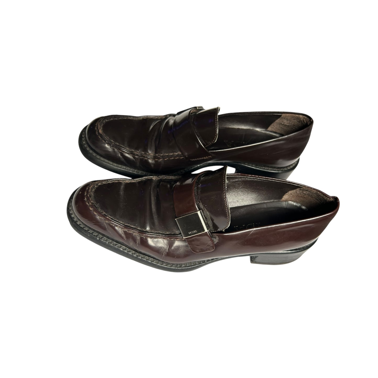 Vintage Prada burgundy-brown metal logo leather loafers / 37