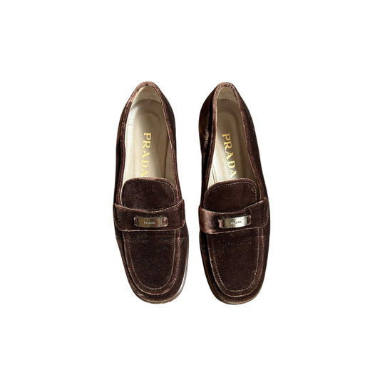 Vintage rare Prada chocolate brown velour loafers / 38