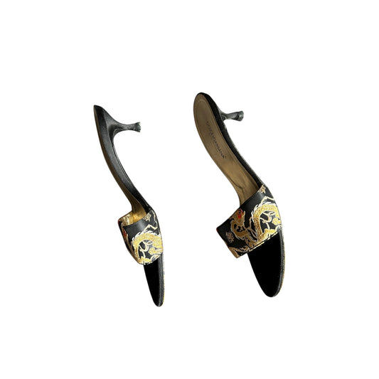 Vintage Dolce&Gabbana satin Chinese dragon embroidered design mule heels / 38.5