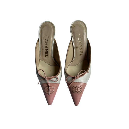 Vintage Chanel CC interlocking logo pink white mules by Karl Lagerfeld/ 35