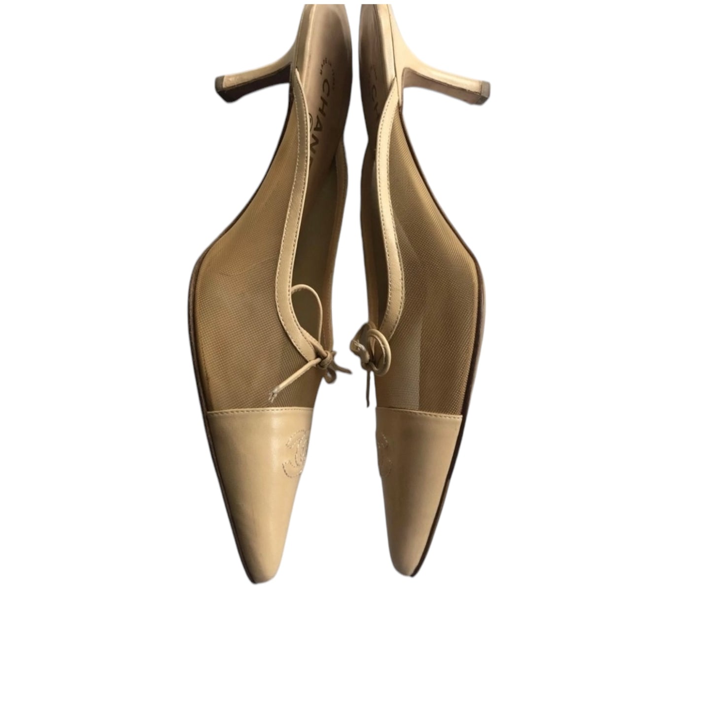Vintage Chanel beige mesh CC interlocking logo mule heels by Karl Lagerfeld/ 40
