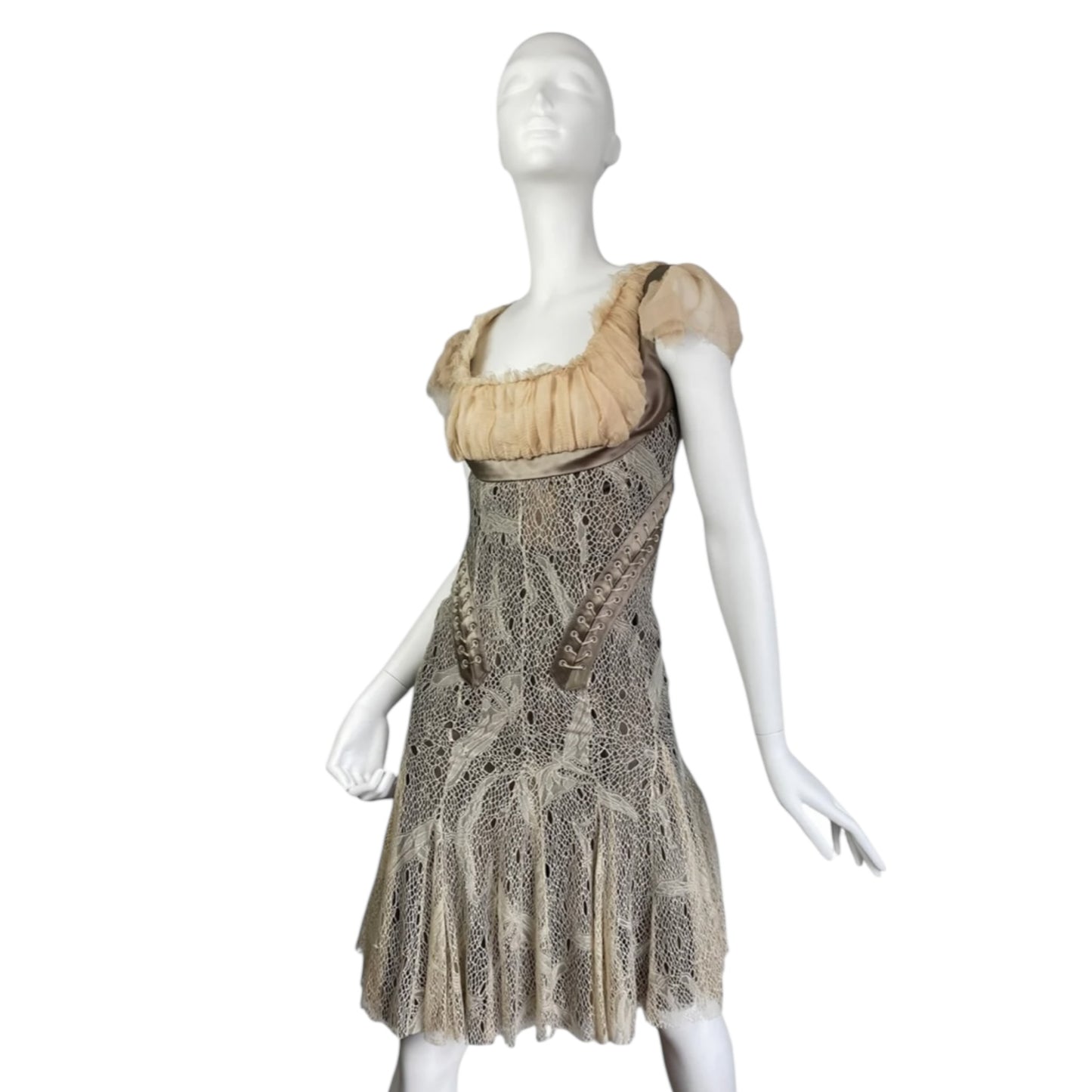 Vintage Alexander Mcqueen Fw2002 «Supercalifragilist Icexpialidocious» Beige Lace & Silk Bondage Corset Midi Dress
