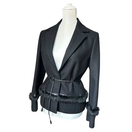 Vintage wool black fur trim belted jacket