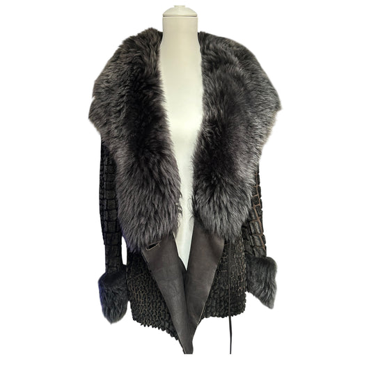 Vintage Shearling Leather Jacket with Fur Collar – Embossed Croc Pattern Lambskin Coat