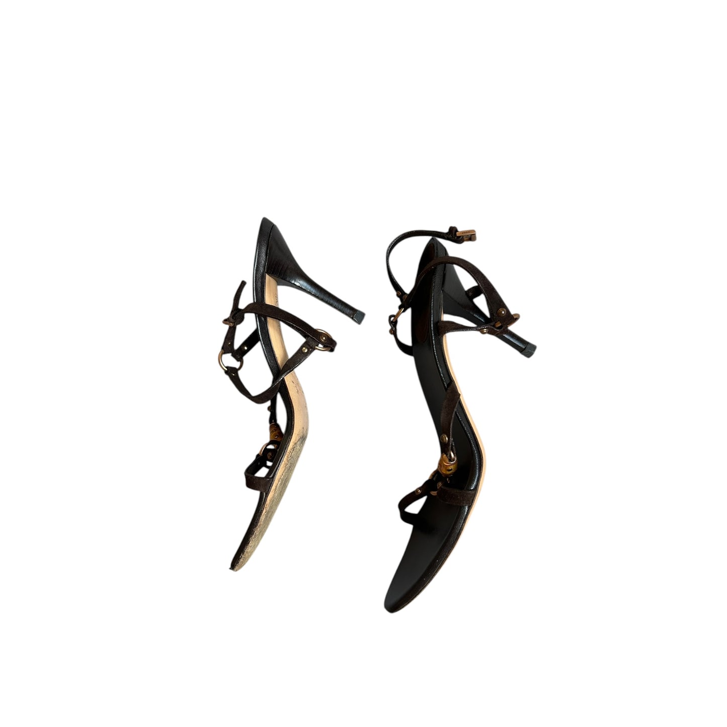 Vintage Gucci by Tom Ford brown leather bamboo strap sandal heels / 38