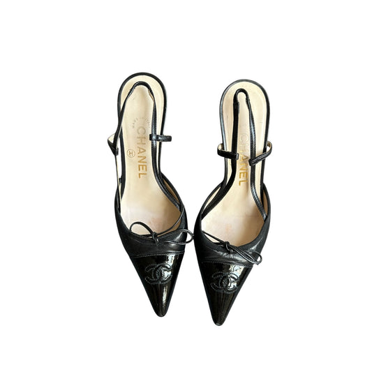 Vintage Chanel CC logo black leather slingback heels by Karl Lagerfeld/ 35.5