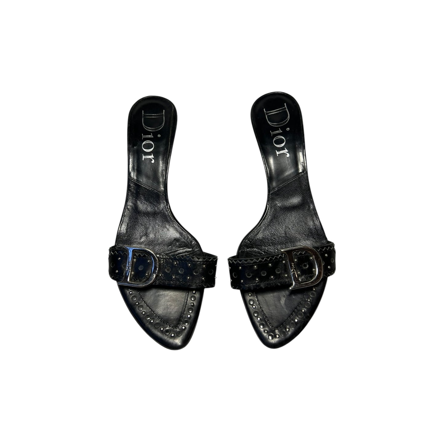 Vintage Dior by John Galliano black leather buckle mule heels / 37.5