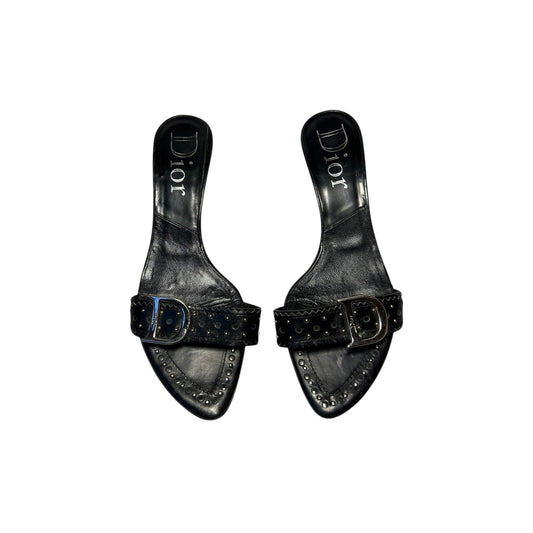 Vintage Dior by John Galliano black leather buckle mule heels / 37.5
